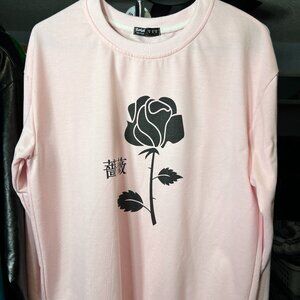 Romwe Asian-Inspired Pink with Roses Pullover Fleece Sweatshirt SZ Medium